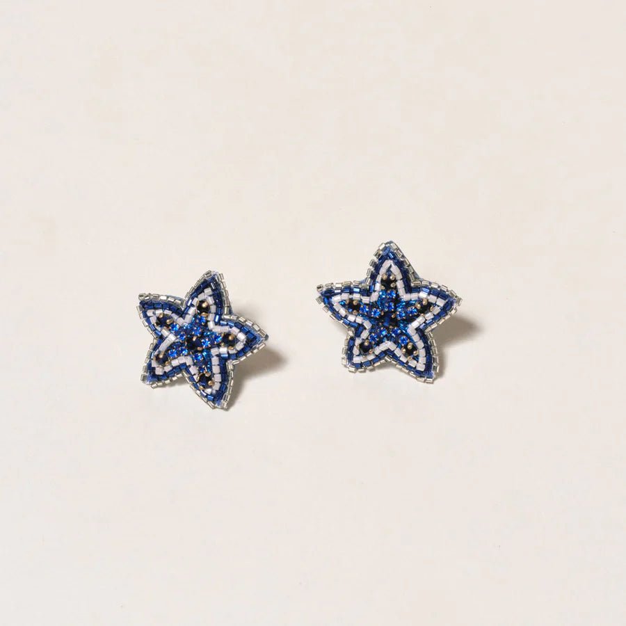 Navy Blue Beaded Star Stud Earrings - Mignonne Gavigan - Color Game