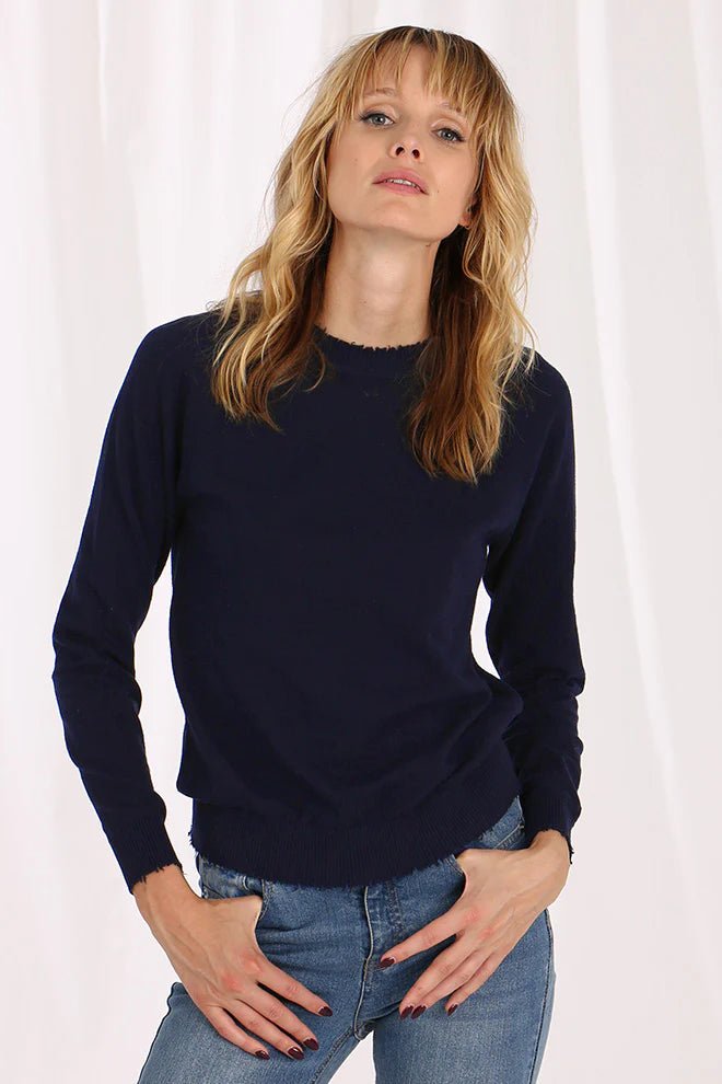 Navy Cotton Cashmere Frayed Edge Crew - Minnie Rose - Color Game