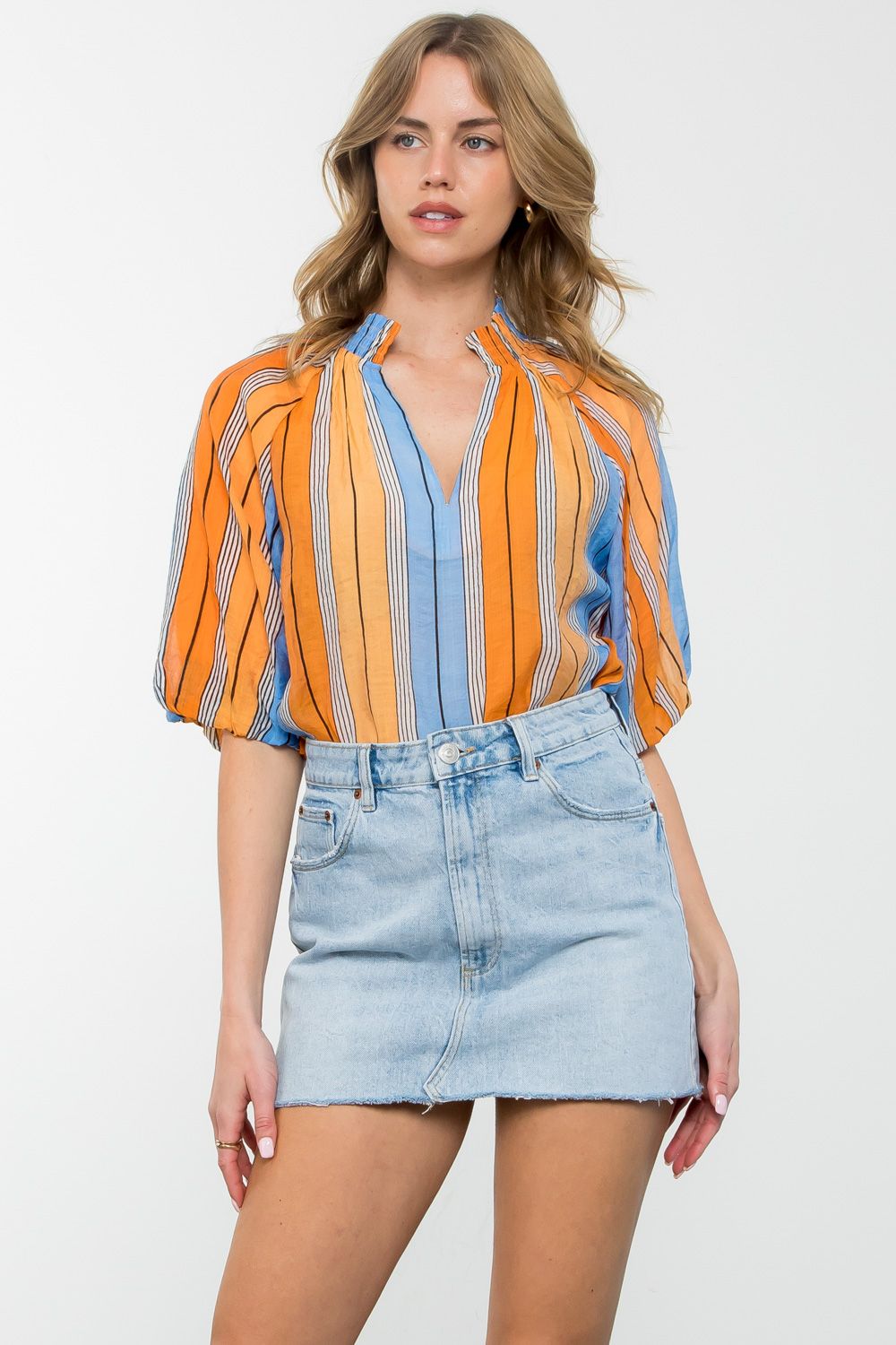Orange + Blue Stripe Puff Sleeve Blouse - THML - Color Game