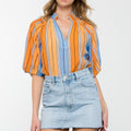 Orange + Blue Stripe Puff Sleeve Blouse - THML - Color Game