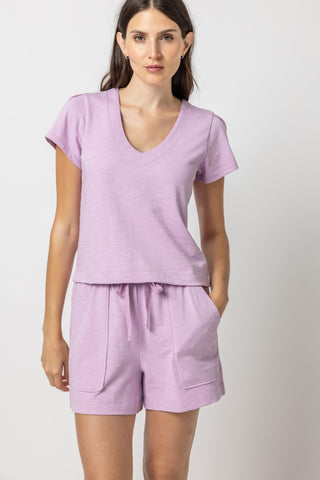 Pleated Cap Sleeve V-Neck Tee Calypso - Lilla P - Color Game