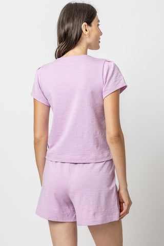 Pleated Cap Sleeve V-Neck Tee Calypso - Lilla P - Color Game