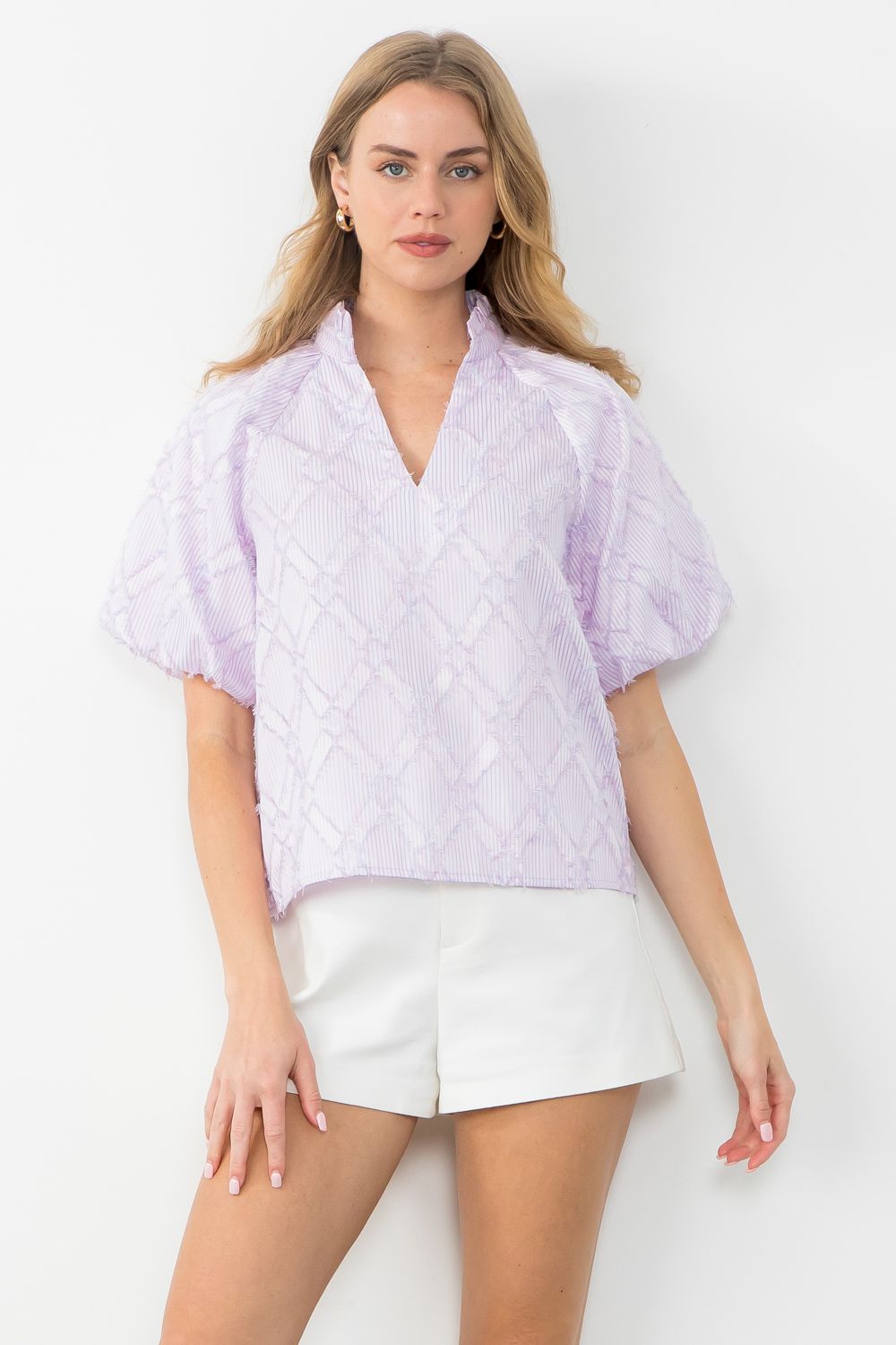Puff Sleeve Lavender Striped Fringe Top - THML - Color Game