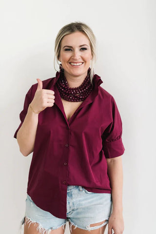 Short Sleeve Ruffle Shirt Maroon - Heidi Houston - Color Game