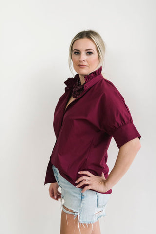 Short Sleeve Ruffle Shirt Maroon - Heidi Houston - Color Game