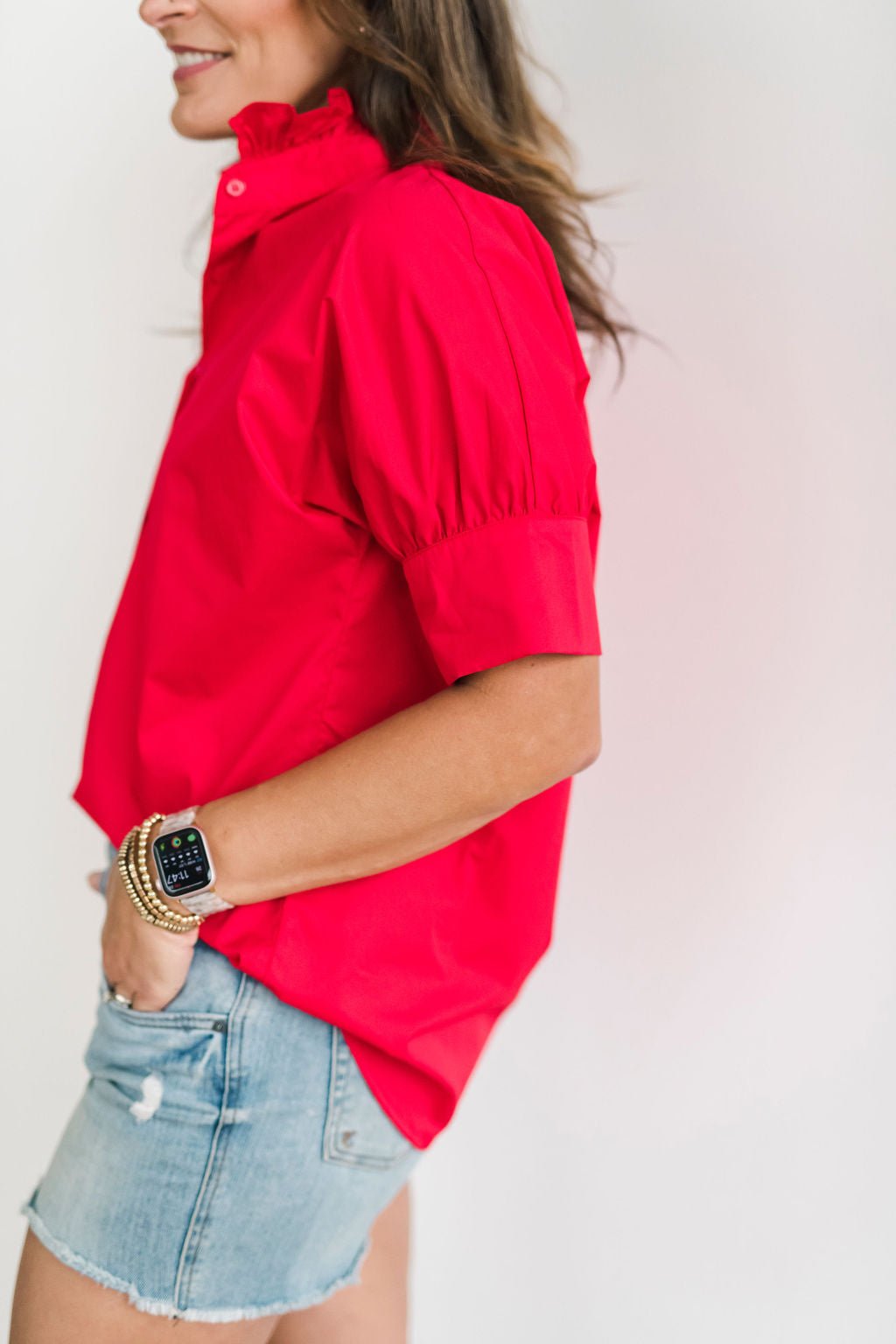 Short Sleeve Ruffle Shirt Red - Heidi Houston - Color Game