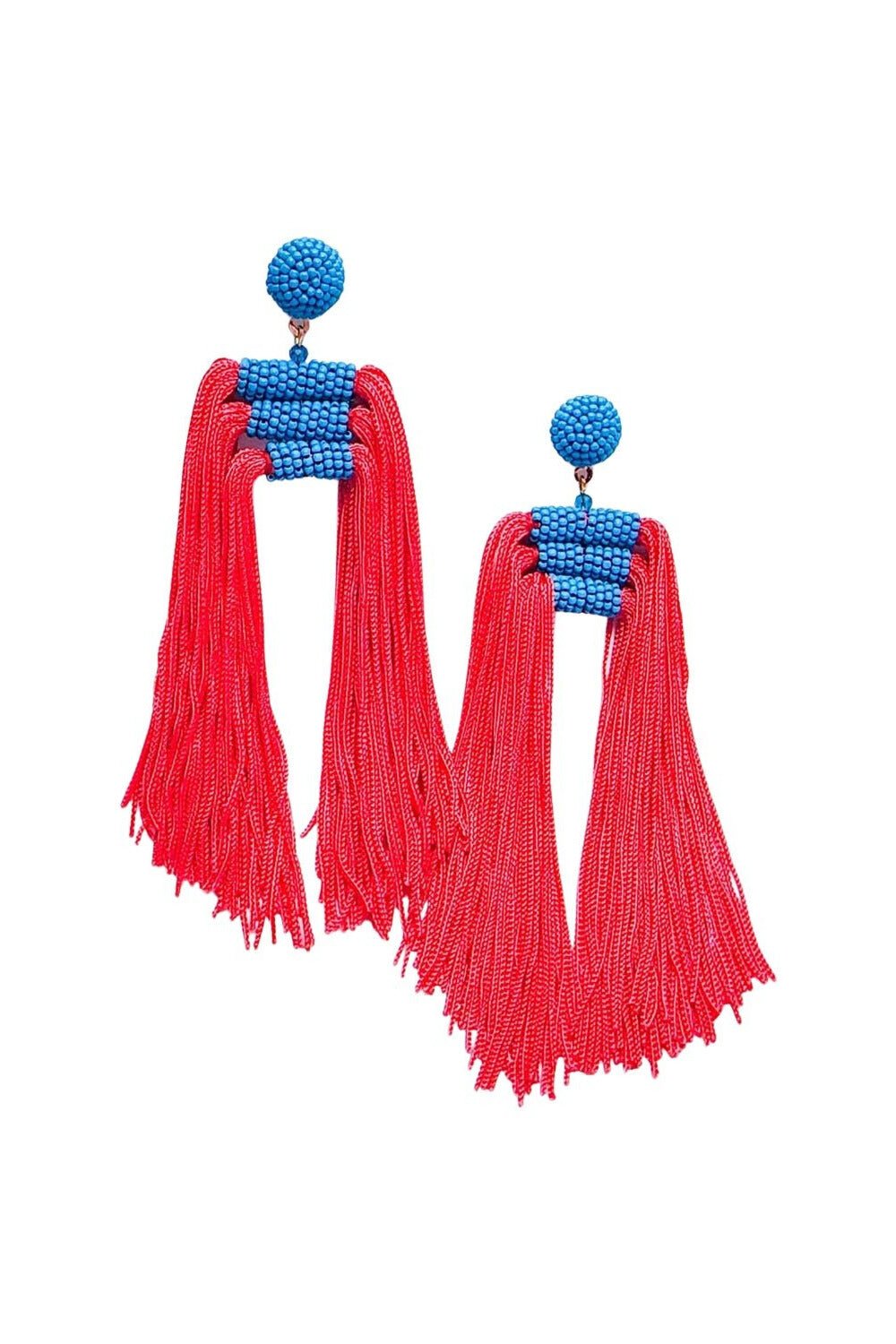 Turquoise and Cherry Red Lauren Beaded Tassel Earrings - Hello Edie - Color Game
